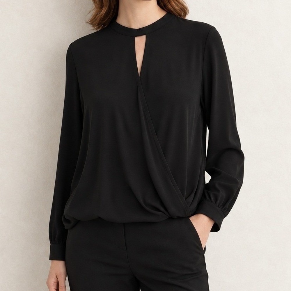Eileen Fisher Black Silk Georgette Crepe Faux Wrap Front Blouse Mock Neck XL